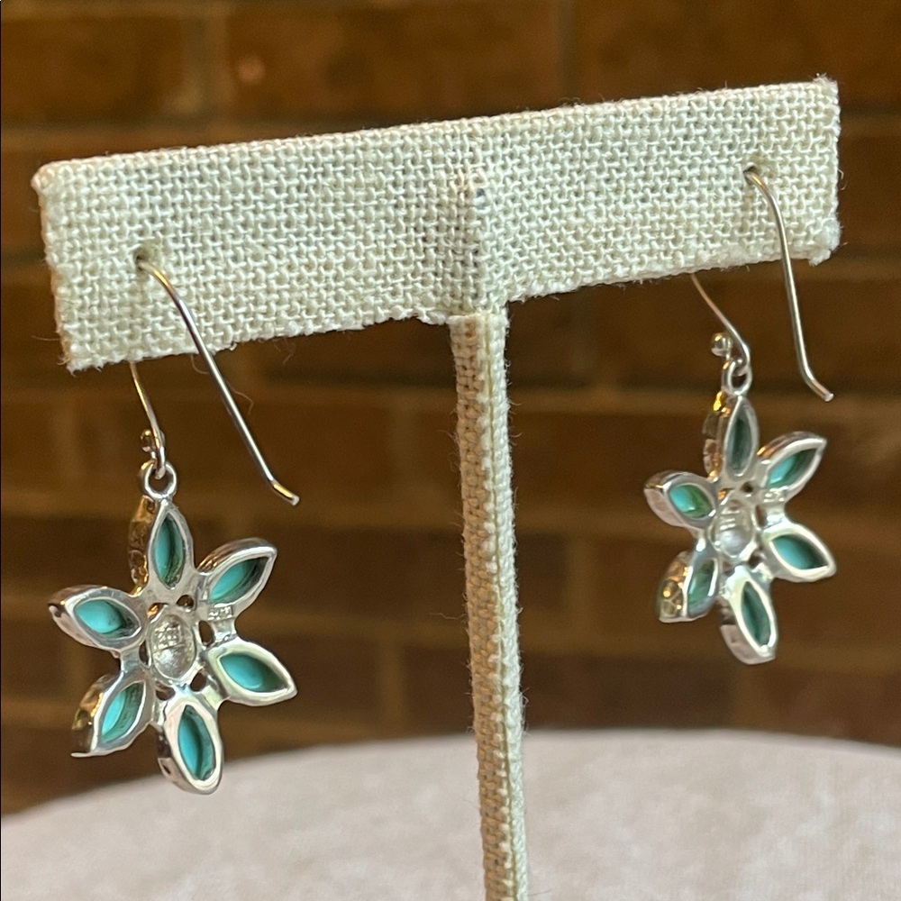 Sterling Silver .925 Vintage Turquoise Organic Flower Hook Dangle Drop Earrings - Picture 7 of 8